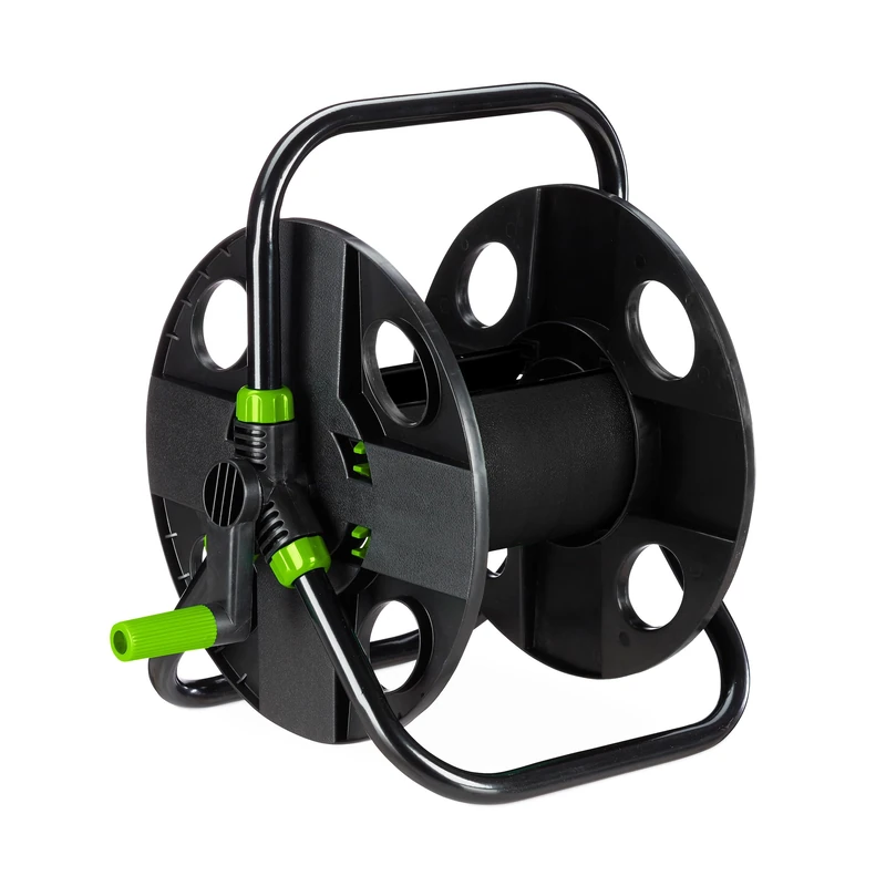 Relaxdays Garden Reel, 30 Meters 1/2" Hose, Handle, Steel, Plastic, Mobile. Space-Saving, HWD: 38x42x31 cm, Black/Green