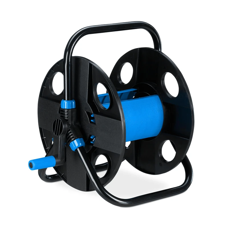Relaxdays Garden Reel, 30 Meters 1/2" Hose, Handle, Steel, Plastic, Mobile. Space-Saving, HxWxD: 38x42x31 cm, Black/Blue