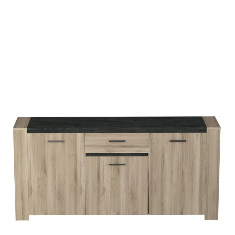 Demeyere Credenza Bassa Industriale 3 Ante 1 cassetto 2 nicchie Elegante – Colore Rovere Chiaro e Grigio Scuro martellato – 1 856 x 433 x 889, 185,6 x 43,3 x 88,9 cm