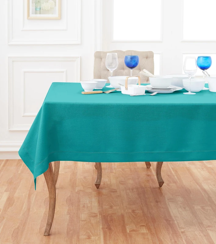 Solino Home 100% Pure Linen Tablecloth Teal, Classic Hemstitch 60 x 108 in