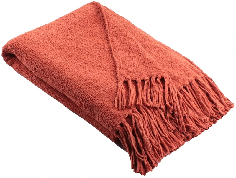 Appletree Terracotta Orange Chenille Throw – Textured Sofa Blanket – W130 x L180cm – Tasselled Knit – Soft Woven Home Decor Blanket - Image 1