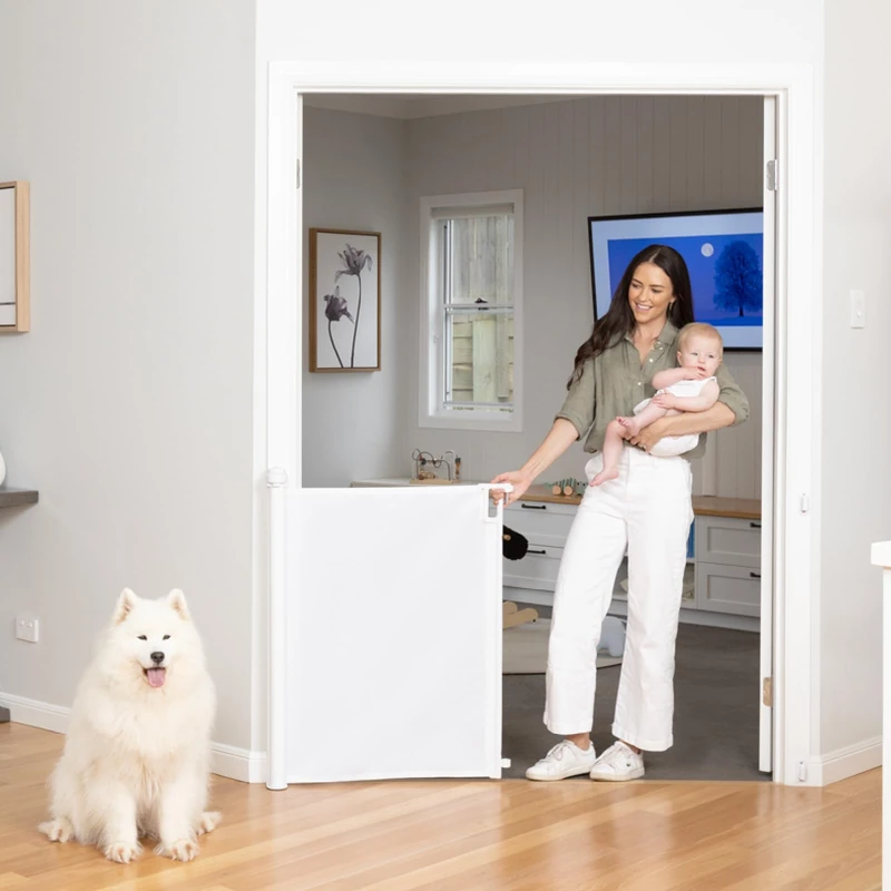 Indoor Outdoor Ultimate Retractable Safety Gate, 98cm Tall, Extends to 2m Wide, Extra Wide Stair Gate for Babies and Pets, One-Handed Operation, Wall Mounted, Space-Saving Design (White) - Image 1