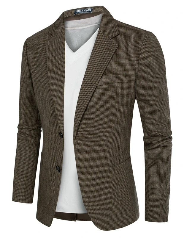 PJ PAUL JONES Herringbone Tweed Blazer British Wool Blend Sport Coat Jacket, Brown-Houndstooth, XXL