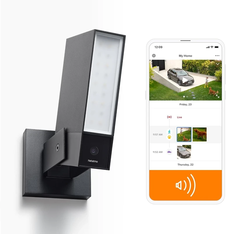 Netatmo Smart Outdoor Security Camera with 105-dB Siren, WIFI, Integrated Floodlight, Movement Detection, Night Vision, Without Fees, Black, NOC-S-AMZ