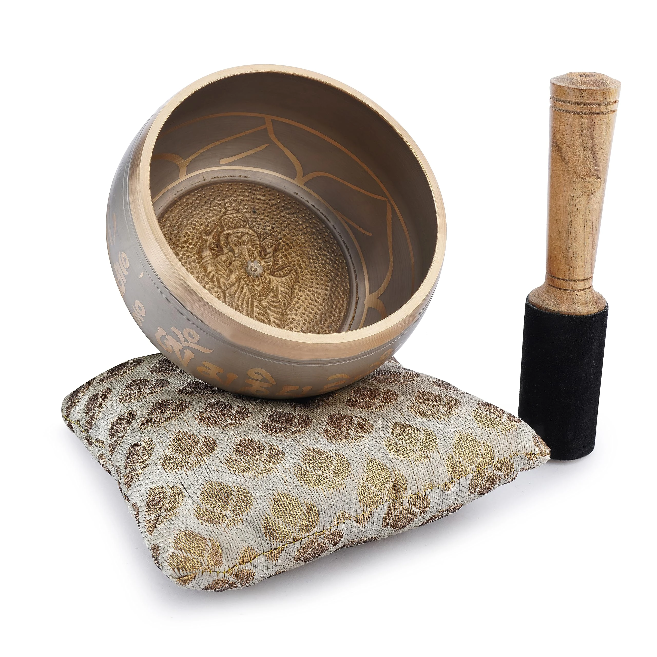 Ajuny Tibetan Singing Bowl Set - Handcrafted Meditation Brass Sound Bowl with Stick and Cushion for Yoga, Chakra Healing, Mindfulness and Stress Relief Spiritual Gifts - Beige