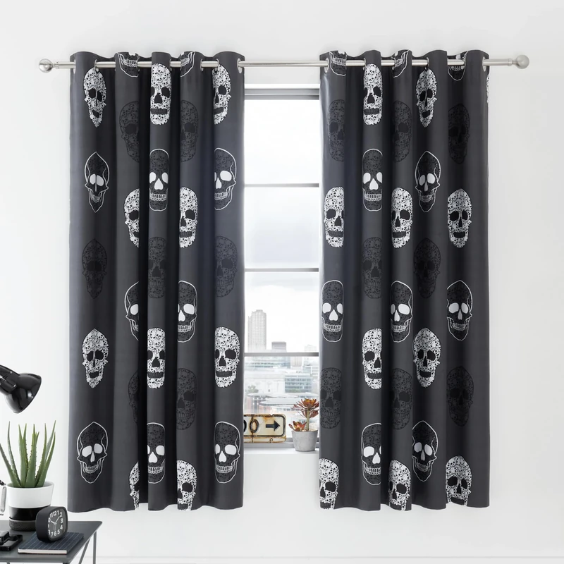 Catherine Lansfield Skulls 66x72 Inch Fully Reversible Eyelet Curtains Two Panels Grey