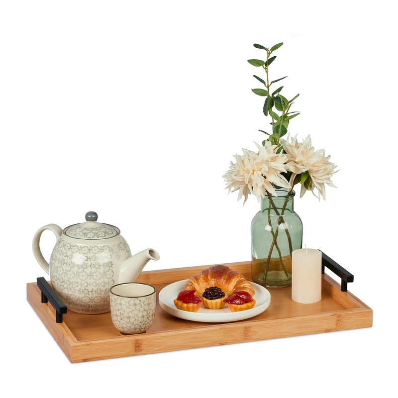 Relaxdays Serving Tray, Breakfast in Bed Tablet, with Rim, Natural Bamboo, Snacks, Coffee & Tea, HWD: 7x50x30cm, Brown