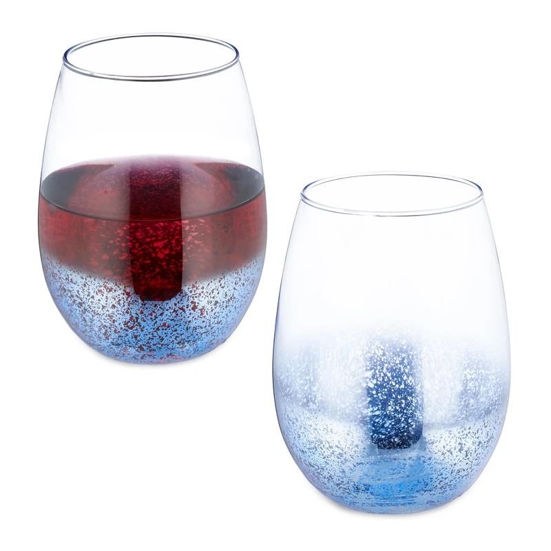 Relaxdays Stemless Wine Glasses, Set of 2, for Red Wine, 500 ml Each, Glassware for Water or Desserts, Speckled, Blue