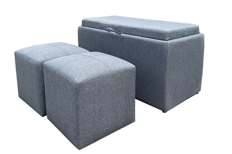ASPECT Carey Storage Bench With 2 Side Ottomans (Grey Linen)