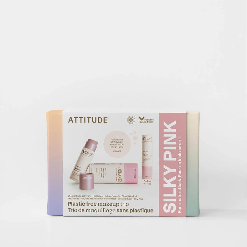 ATTITUDE Silky Pink Makeup Trio Set, EWG Verified, Titanium Dioxide-Free, Plastic-free, Plant and Mineral-Based Ingredients, Vegan Beauty Products, Set of 3 Makeup Sticks