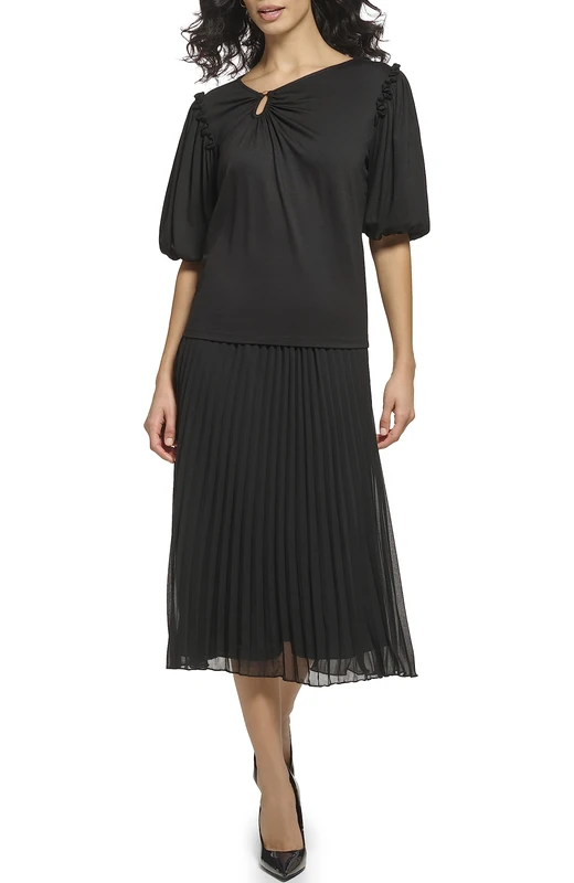 DKNY Women's Short Sleeve Nk Hardware Top Blouse, Black, M