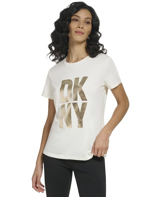 DKNY Women's S/S Stack Logo Tee T-Shirt, Pristine, S