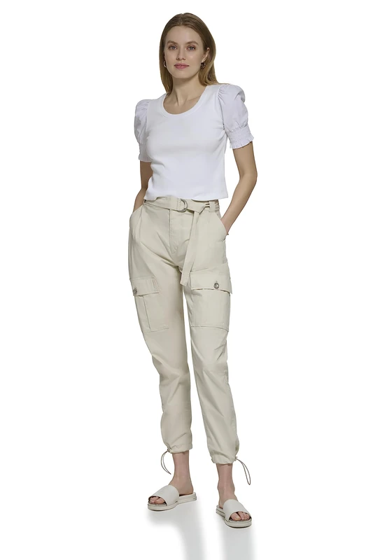 DKNY Women's Short Sleeve Mixed Media Top, White, L, White, Large - Image 1