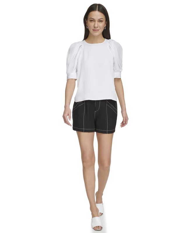 DKNY Women's 3/4 Sleeve Satin Blouse, White, S, White, S