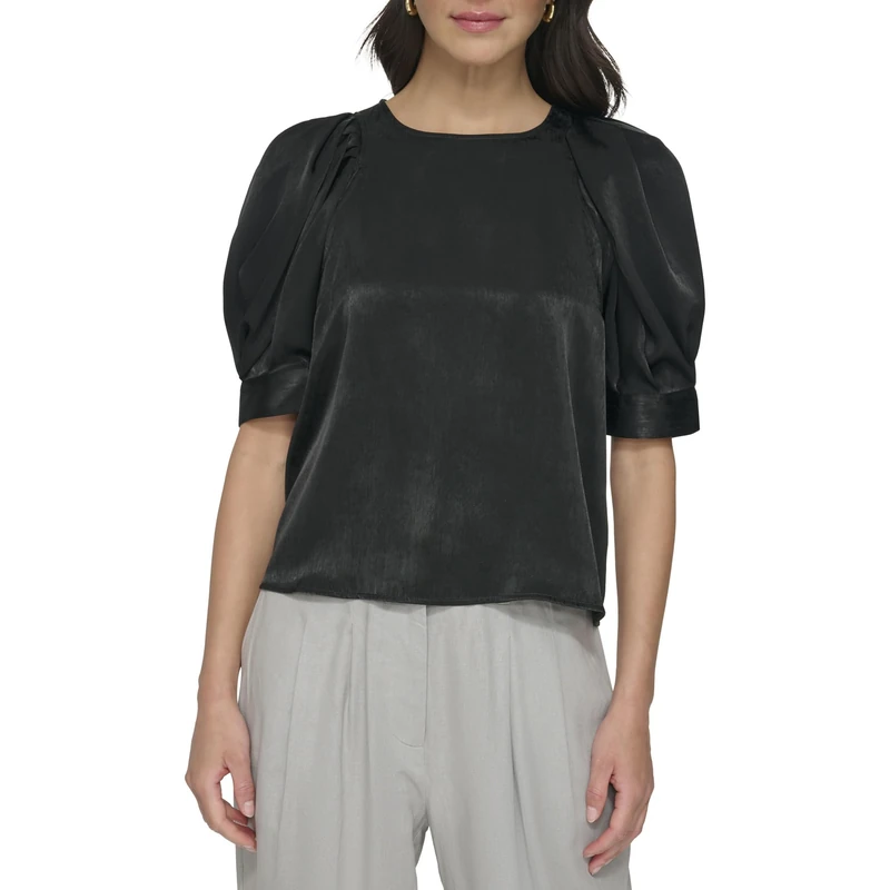 DKNY Women's 3/4 Sleeve Satin Blouse, Black, S