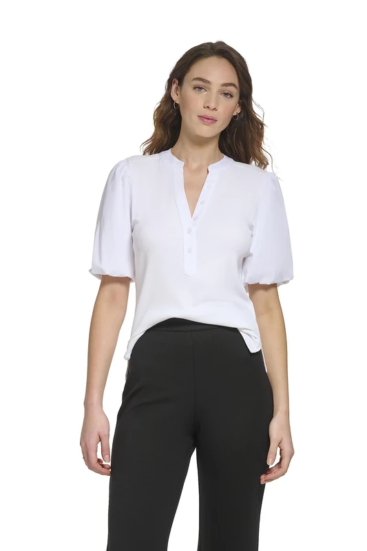 DKNY Women's Short Sleeve Mixed Media Top T-Shirt, White, M