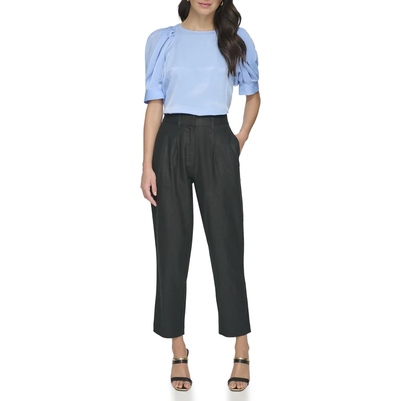 DKNY Women's Pleated Linen Trousers Pants, Black, 10
