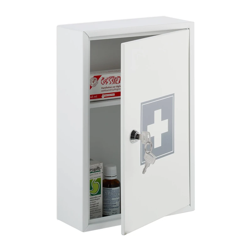 Relaxdays Medicine Cabinet, Lockable, 2 Compartments, HWD: 32 x 21.5 x 8 cm, Wall Mounted, First Aid, Metal, White/Grey, Iron