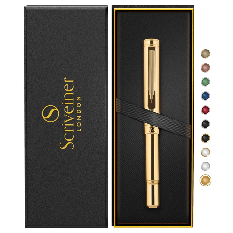 Scriveiner Heavy Gold Rollerball Pen, Award Winning Luxury Pocket Pen with Real Gold Plating Plated Finish, German Schmidt Refill, Best EDC Writing Gift Set for Men & Women, Nice Fancy Office