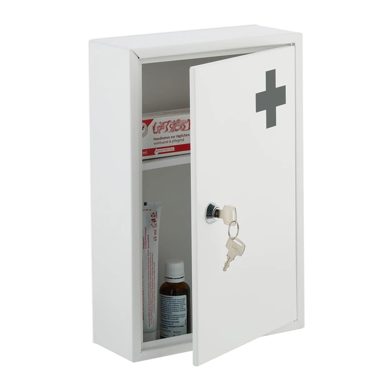 Relaxdays Medicine Cabinet, Lockable, 2 Compartments, HxWxD: 32 x 21.5 x 8 cm, Wall Mounted, First Aid, Metal, White, Iron