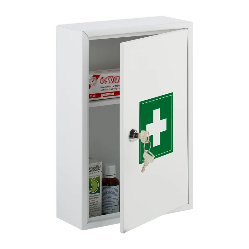 Relaxdays Medicine Cabinet, Lockable, 2 Compartments, 32 x 21.5 x 9.5 cm, Wall Mounted, First Aid, Metal, White/Green