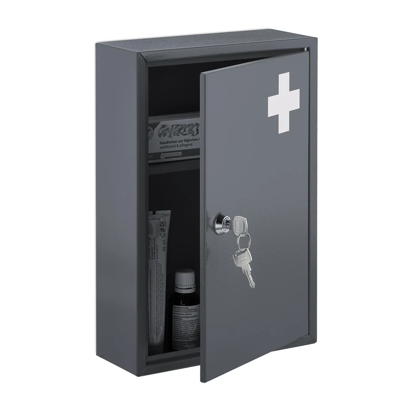 Relaxdays Medicine Cabinet, Lockable, 2 Compartments, HxWxD 32 x 21.5 x 9.5 cm, Wall Mount, First Aid, Metal, Grey/White