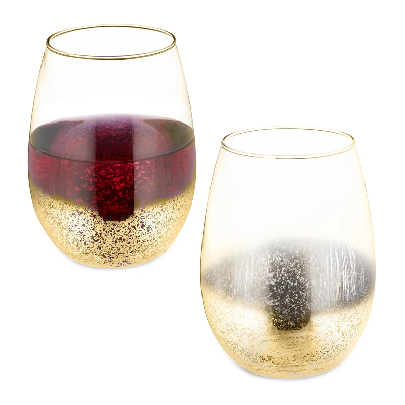 Relaxdays Stemless Wine Glasses, Set of 2, for Red Wine, 500 ml Each, Glassware for Water or Desserts, Speckled, Gold