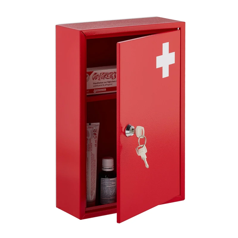 Relaxdays Medicine Cabinet, Lockable, 2 Compartments, HxWxD: 32 x 21.5 x 9.5 cm, Wall Mount, First Aid, Metal, Red/White