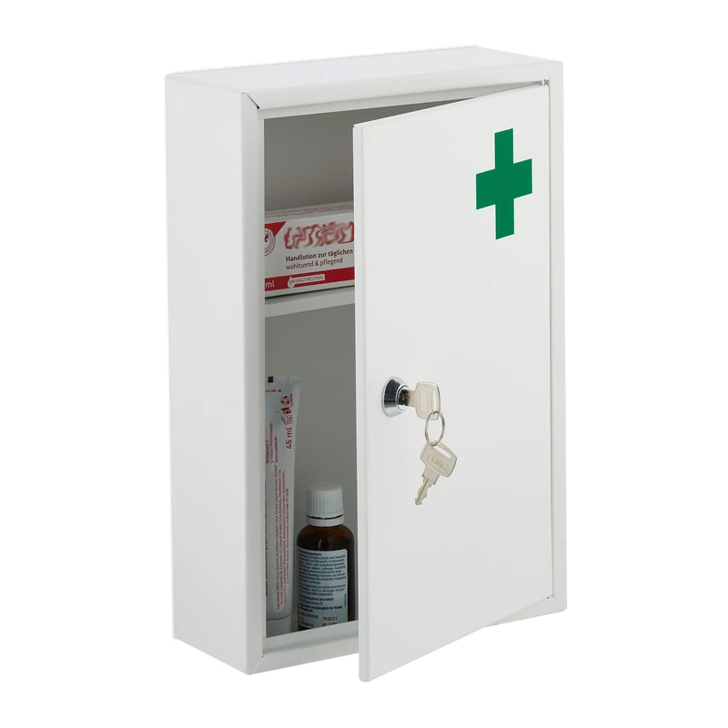 Relaxdays Medicine Cabinet, Lockable, 2 Compartments, Metal, HxWxD: 32 x 21.5 x 8 cm, Wall Mounted, First Aid, White, Iron