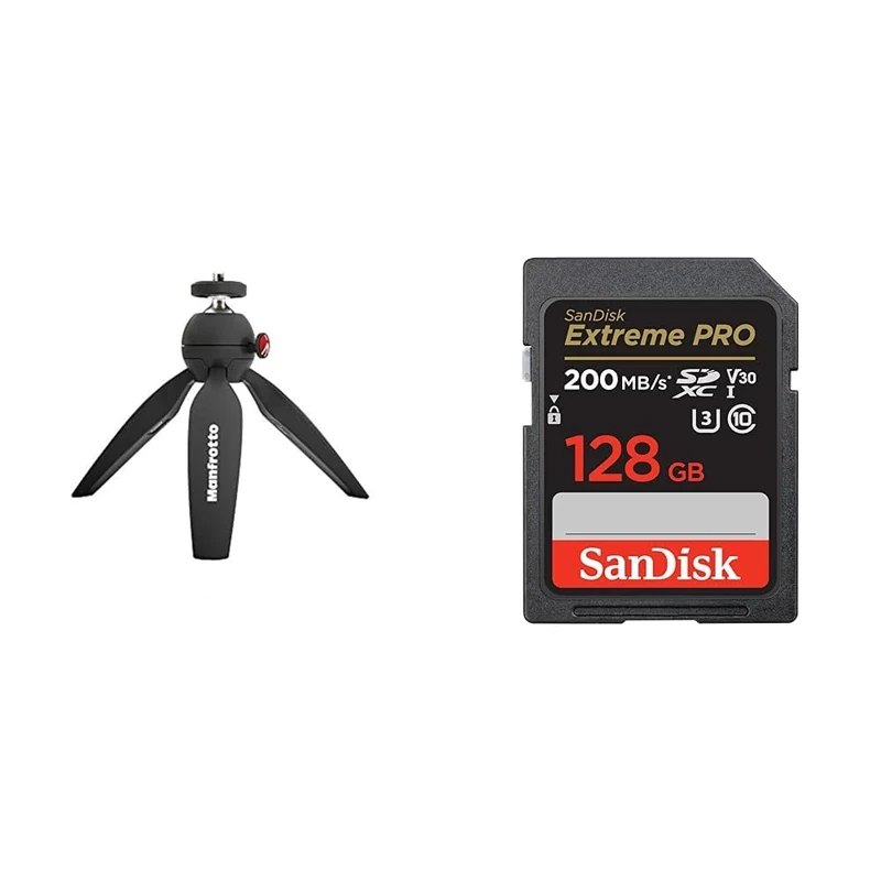 Manfrotto MTPIXIMII-B, PIXI Mini Camera Tripod with Handgrip for Compact System Cameras, for DSLR & SanDisk 128GB Extreme PRO SDXC card + RescuePRO Deluxe, up to 200MB/s, UHS-I, Class 10, U3, V30