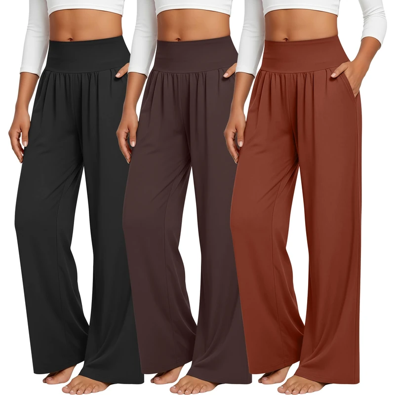 Neer 3 Pack Women's Wide Leg Yoga Pants Comfy Lounge Pants with Pockets Baggy Elastic Waist Joggers Ladies Open Bottom(Large,Black, Dark Brown, Pumpkin)