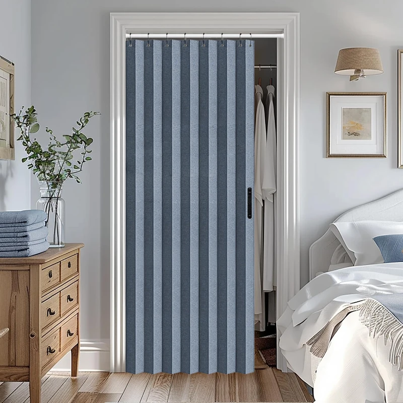 Vatge Accordion Door Curtain for Bedroom and Closet Without Door, Room Divider Curtain for Living Room/Bathroom/Bedroom, 1 Panel with Tie Back, W39 x L78 Inch, Blue