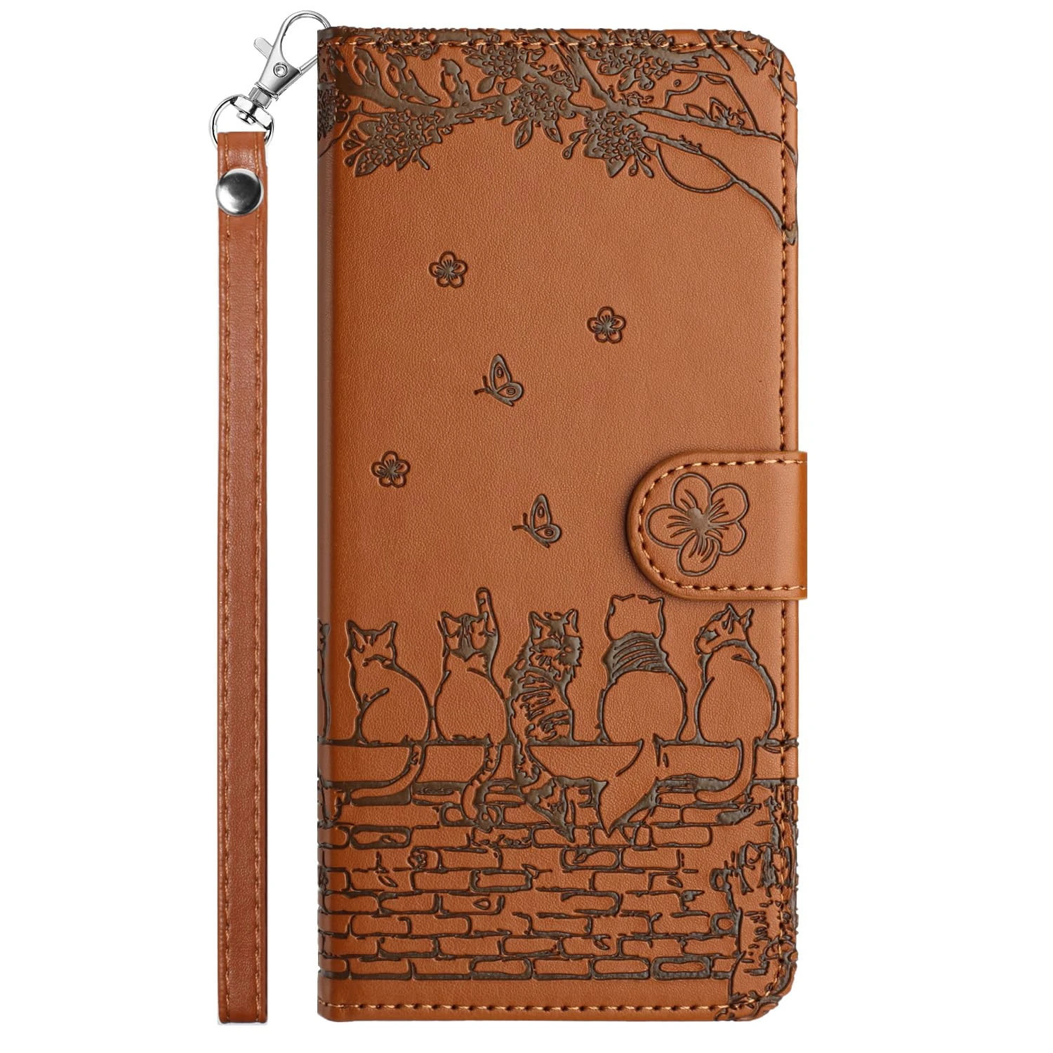 Aisenth Case for Samsung Galaxy A7 2018 SM-A750, Cute Embossed Cat, Butterfly, Flower PU Leather Magnetic Wallet Flip Case Protective Cover with Kickstand, 3 Card Slots (Brown)