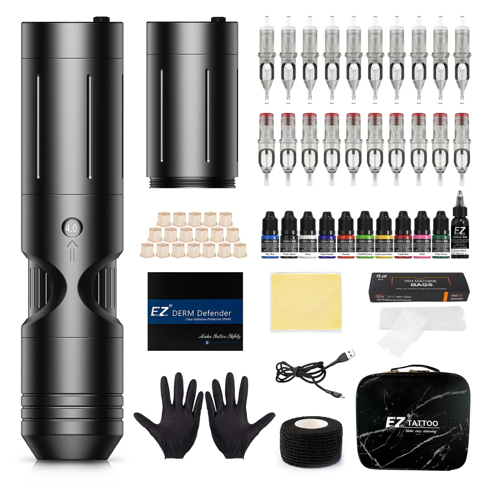EZ Tattoo Kit - Tattoo Machine Kit Complete with 6 Strokes 2.5mm-4.0mm Wireless Tattoo Machine Pen with 2000mAh Battery Power Supply for Tattoo Beginners and Artists (P3 Black)