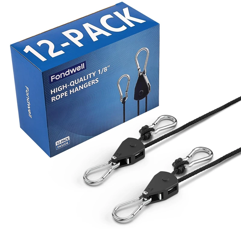 Fondwell 12-Pack 1/8" Adjustable Rope Hangers, Ratchet Tie Down Strap with Reinforced Metal Internal Parts, Pulley System for Hanging Plants Grow Light and Tie-Downs for Various Purposes