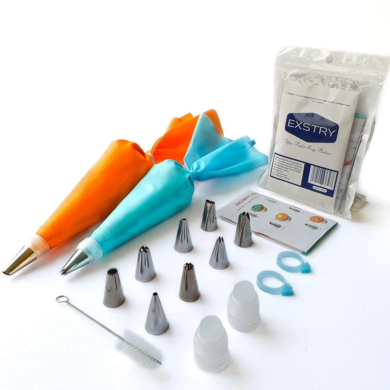 EXSTRY Reusable Piping Bags and Nozzles Set - 15 Pcs Baking Kit Including 2 Reusable Bags, 8 Nozzles, 2 Couplers, Cleaning Brush, and Silicone Rings - Ideal for Cakes, Cupcakes, and Cookies