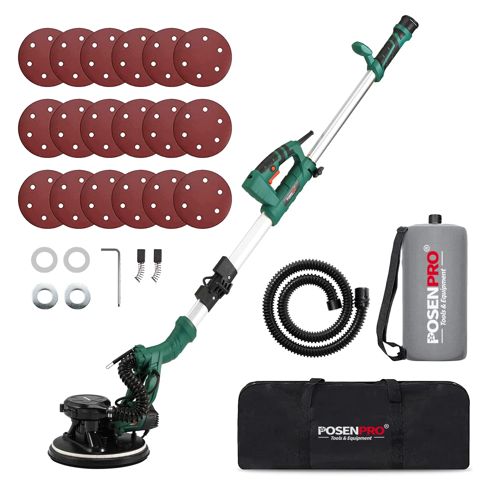 Drywall Sander, POSENPRO 810W 7A Electric Wall Sander with Vacuum Dust Collection, Popcorn Ceiling Removal Tool, Variable Speeds 500-2100 RPM, 18Pcs Sandpaper, LED Light, Foldable & Extendable Handle