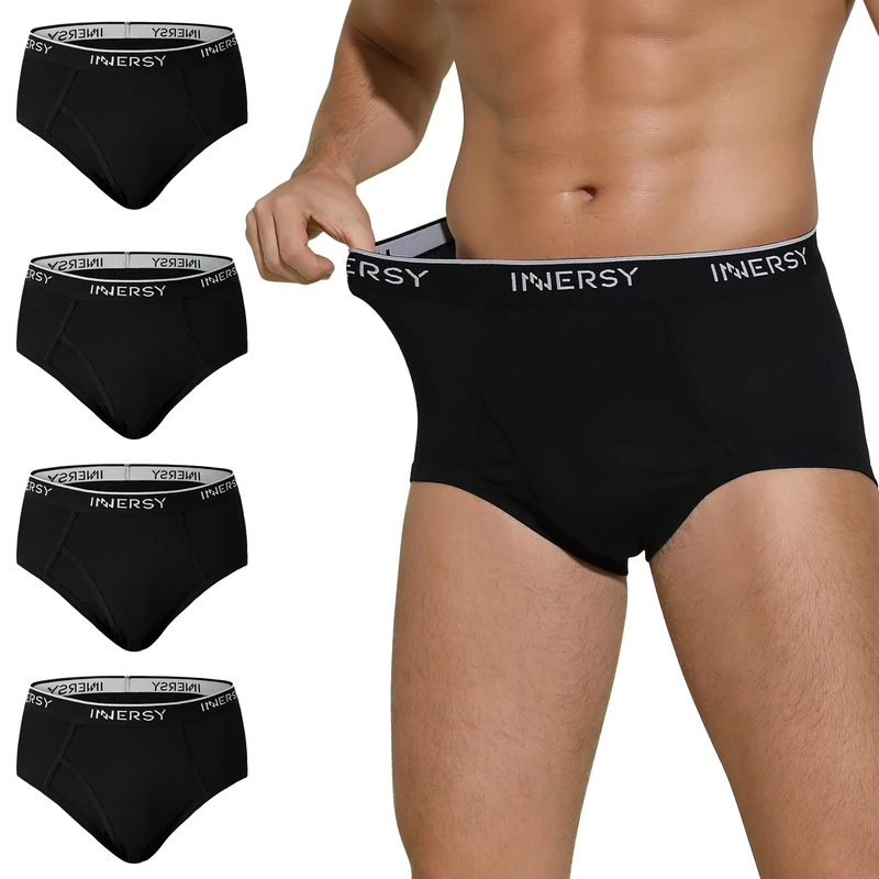 INNERSY Mens Underwear Briefs Black Cotton Underpants with Fly Classic Under Pants Pack of 4 (M, 4 Classic Black)