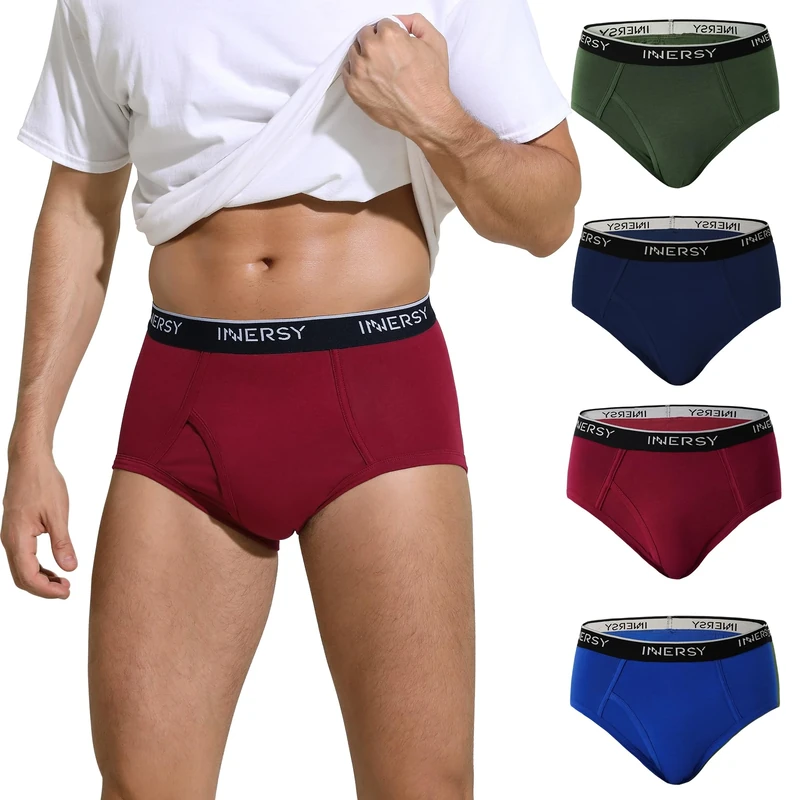 INNERSY Briefs Men Cotton Underpants with Fly Pants Underwear Breathable Hipster Multipack 4 (XXL, Blue/Wine/Green/Navy)