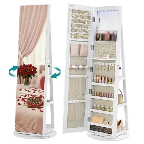 SONGMICS 6 LED Mirror Jewellery Cabinet - White Storage Organiser