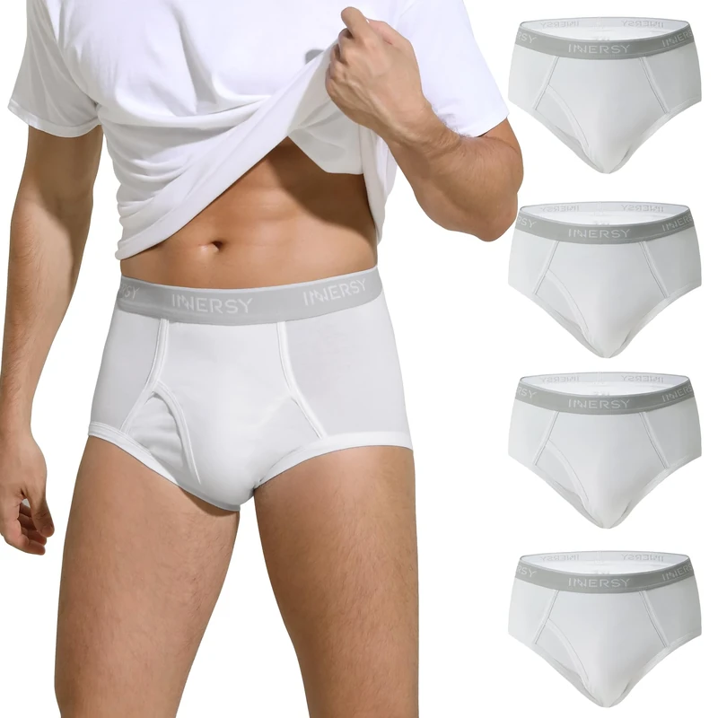 INNERSY Men's Briefs White Cotton Underwear 4 Pack - XXL with Fly