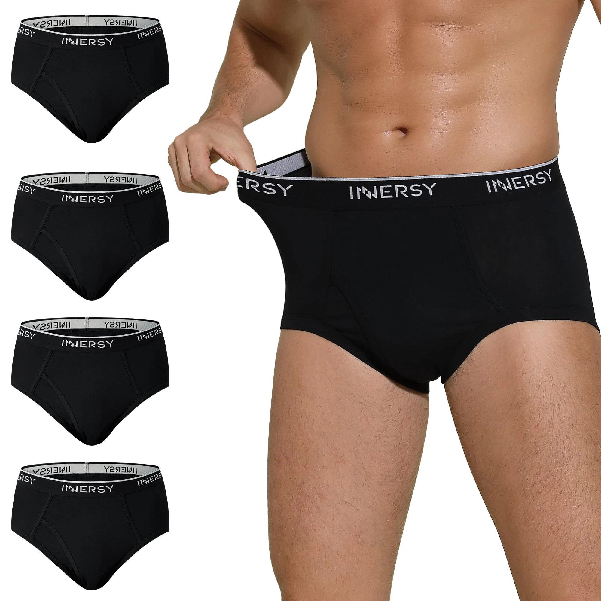 INNERSY Mens Underwear Briefs Black Cotton Underpants with Fly Classic Under Pants Pack of 4 (XXL, 4 Classic Black)