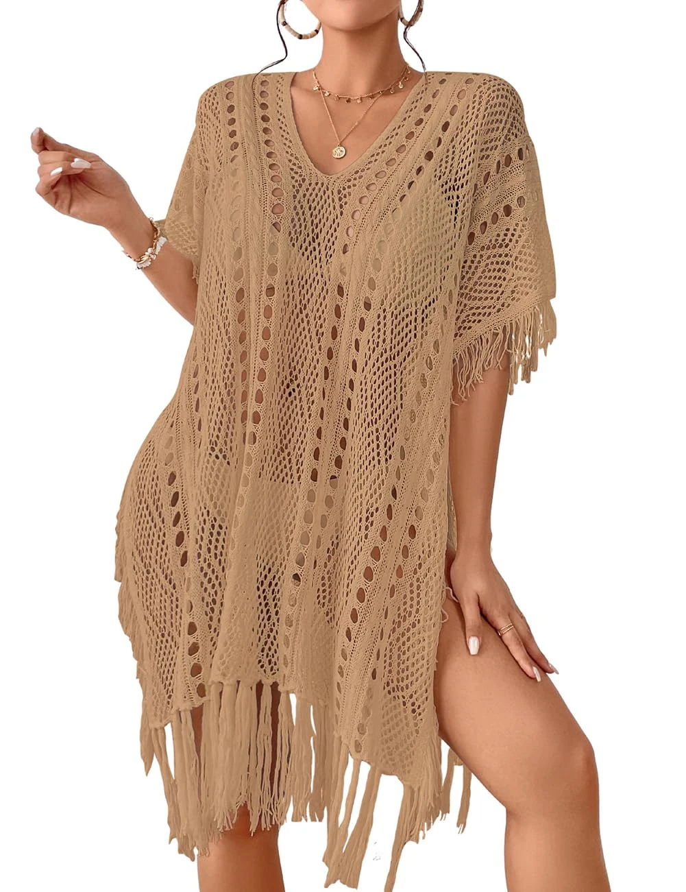 Bsubseach Crochet Swimsuit Coverup for Women Summer Bikini Beach Dress Knit Swimwear Resort Wear Camel