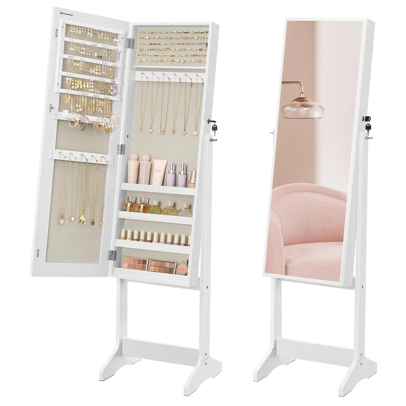 SONGMICS Mirror Jewellery Cabinet Armoire, Standing Full-Length Mirror, Lockable Jewellery Organiser, Gift Idea, White Surface and Beige Lining JJC069W02