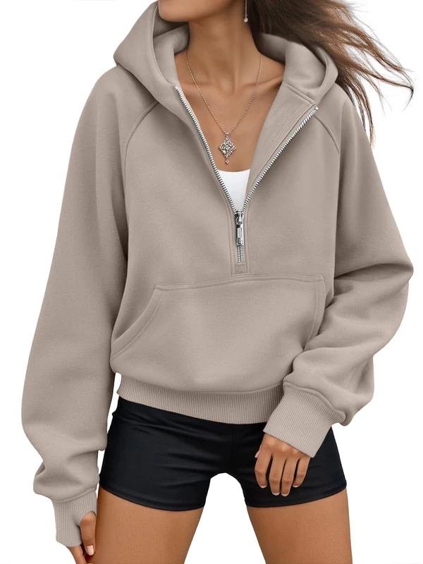AUTOMET Half Zip Sweatshirts Cropped Hoodies Fleece Womens Quarter Zip Up Pullover Sweaters Fall Outfits 2023 Winter Clothes, Coffeegrey, Large