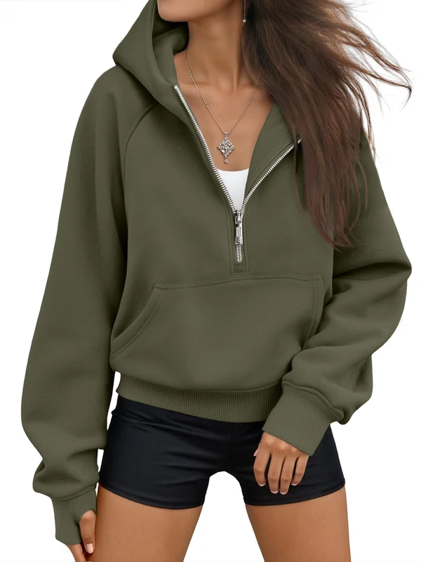 AUTOMET Half Zip Sweatshirts Cropped Hoodies Fleece Womens Quarter Zip Up Pullover Sweaters Fall Outfits 2024 Winter Clothes, Armygreen, S