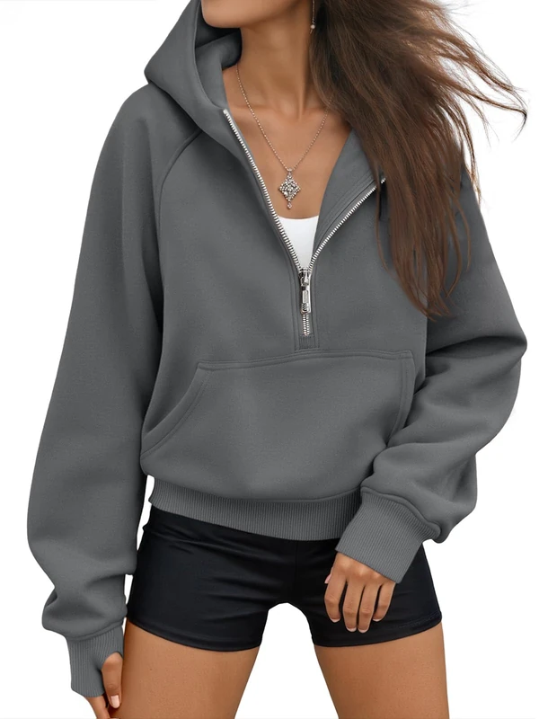 AUTOMET Half Zip Sweatshirts Cropped Hoodies Fleece Womens Quarter Zip Up Pullover Sweaters Fall Outfits 2023 Winter Clothing, Darkgrey, S