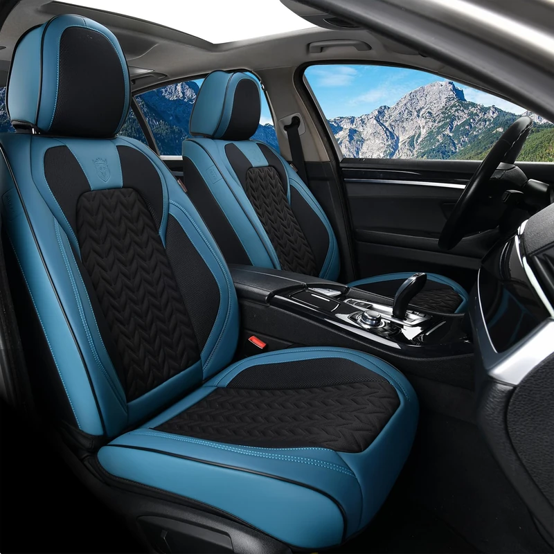 Coverado Car Seat Covers, 2PCS Breathable Faux Leather, Blue, Universal Fit, Car, Truck, SUVs, Sedans