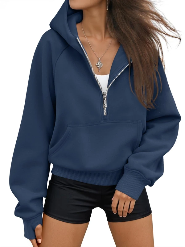 AUTOMET Half Zip Sweatshirts Cropped Hoodies Fleece Womens Quarter Zip Up Pullover Sweaters Fall Outfits 2024 Winter Clothes, Navyblue, Medium - Image 1