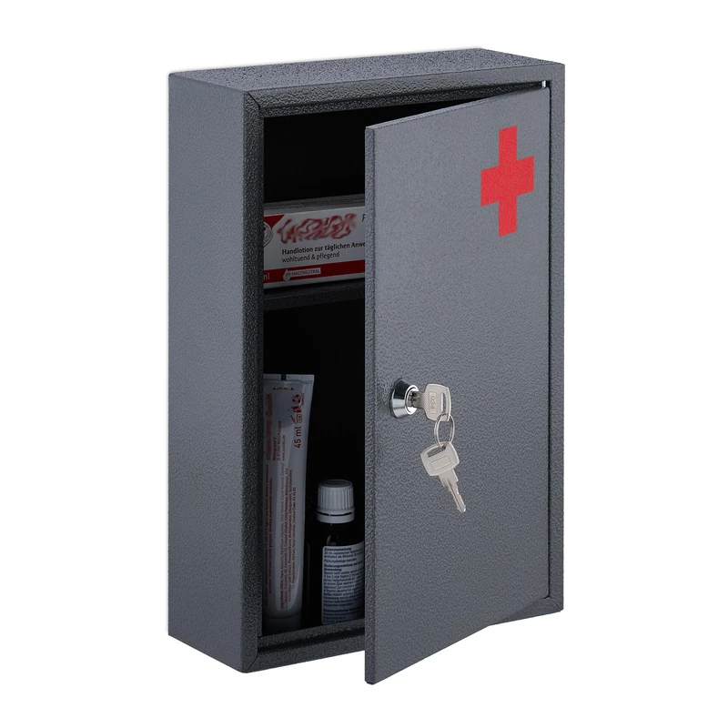 Relaxdays Medicine Cabinet, Lockable, 2 Compartments, HxWxD 32 x 21.5 x 9.5 cm, Wall Mount, First Aid, Metal, Grey/Red